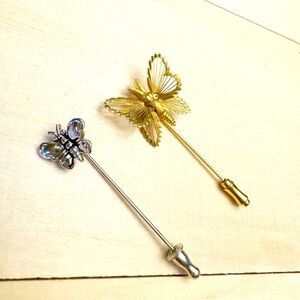Monet Spinneret Golden Butterfly Stick Pin 1963 & Monet Silver Tone Stick Pin